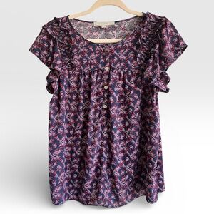 🗽LOFT Navy and Pink Floral Blouse Drappy fit